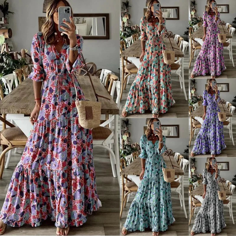Spring Autumn Flower Print Long Dresses For Women Casual Holiday A-line Beach Dress Fashion Elegant Bohemian Style Maxi Vestidos