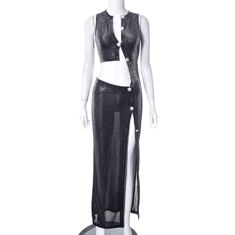 Women High Side Split Sleeveless Button Up Cut Out Waist Slim Bodycon Maxi Dress 2023 Summer Party Evening Dresses Black