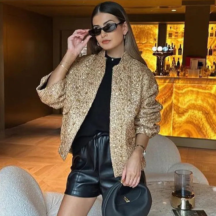 Autumn Coat For Women Fashion Gold Sequin Stand Collar Long Sleeve Loose short Jacket Woman With Pleats Female Coats
