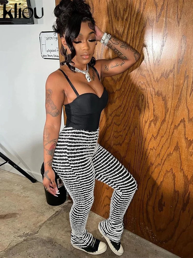 Panelled Stacked Pants Women Autumn Casual Fluffy Slight Stretch Knitted Trousers Girl Hipster Classic All-matched Bottoms