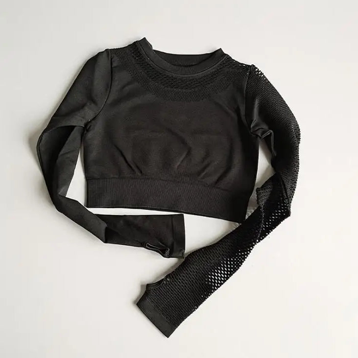 Seamless Yoga Set Sport Outfits Women 2pcs Two Piece Hollow Long Sleeve Crop top Leggings Workout Wear Gym Suit Fitness Sets Black Top
