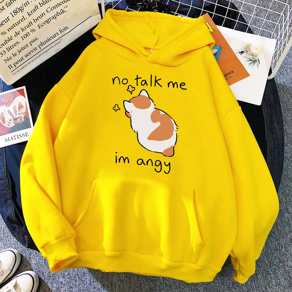 No Talk Me Cute Angry Cat Print Women Hoody Hip Hop Soft Sweatshirt Casual Fleece Sweatshirt Oversize Fleece Women Streetwear Yellow