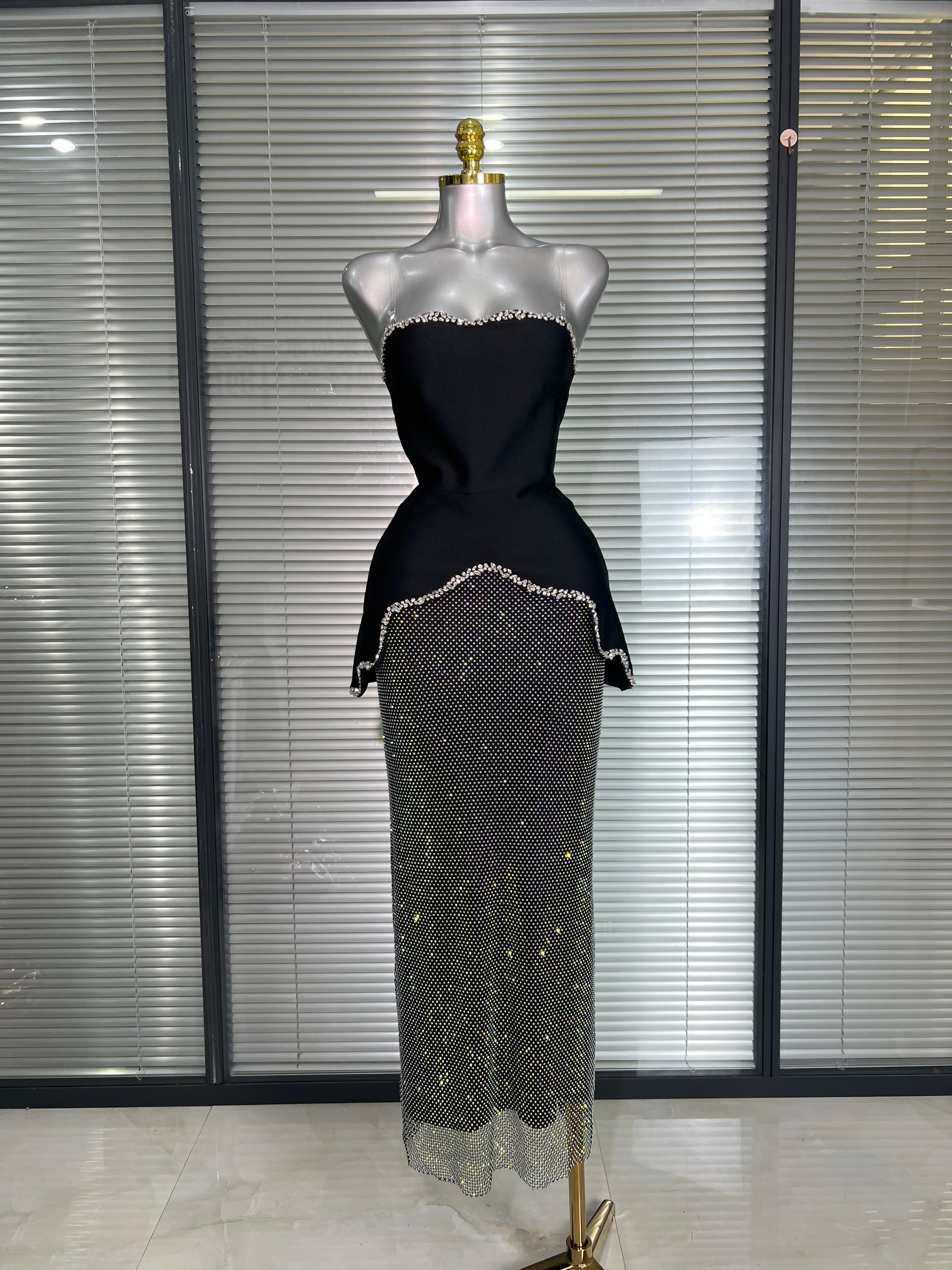 Summer New 2025 Women Sexy Strapless Crystal Bandage Two Piece Set Celebrity Sparkly Evening Party Skirt Suits