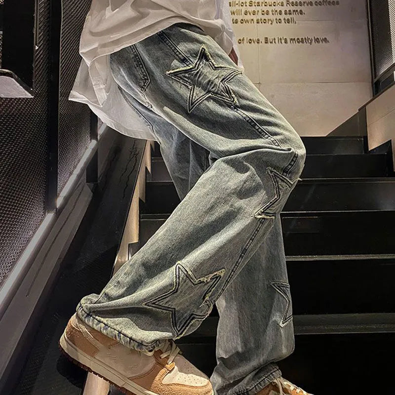 Y2K Vintage Streetwear Jeans Women Harajuku Star Aesthetic Wide Leg Denim Trousers High Waist Unisex Couple Straight Pants