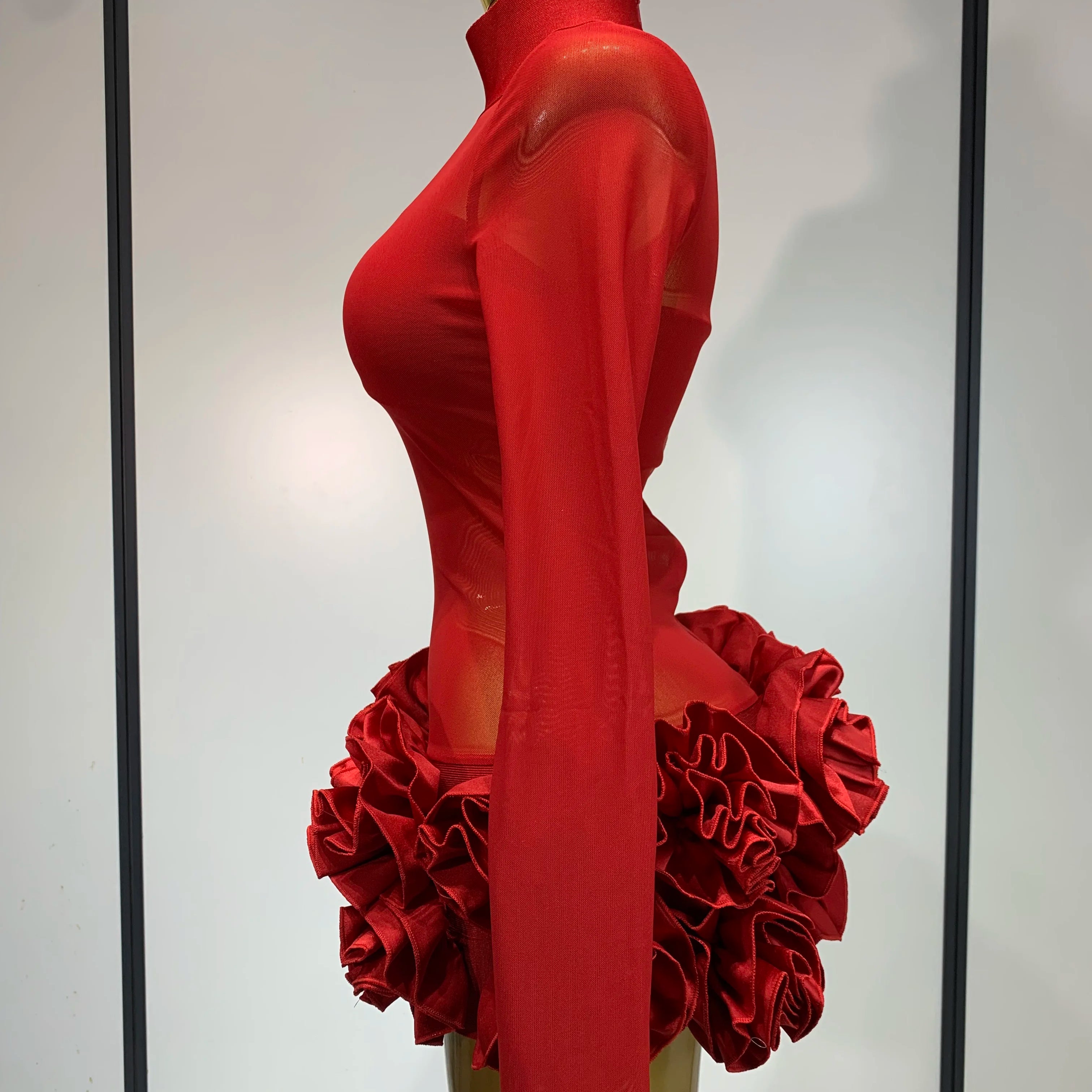 Women Sexy Mesh See through Stereoscopic Flowers Red Mini Bandage Dress Birthday Party Evening Dress Club Singer Perform Costume