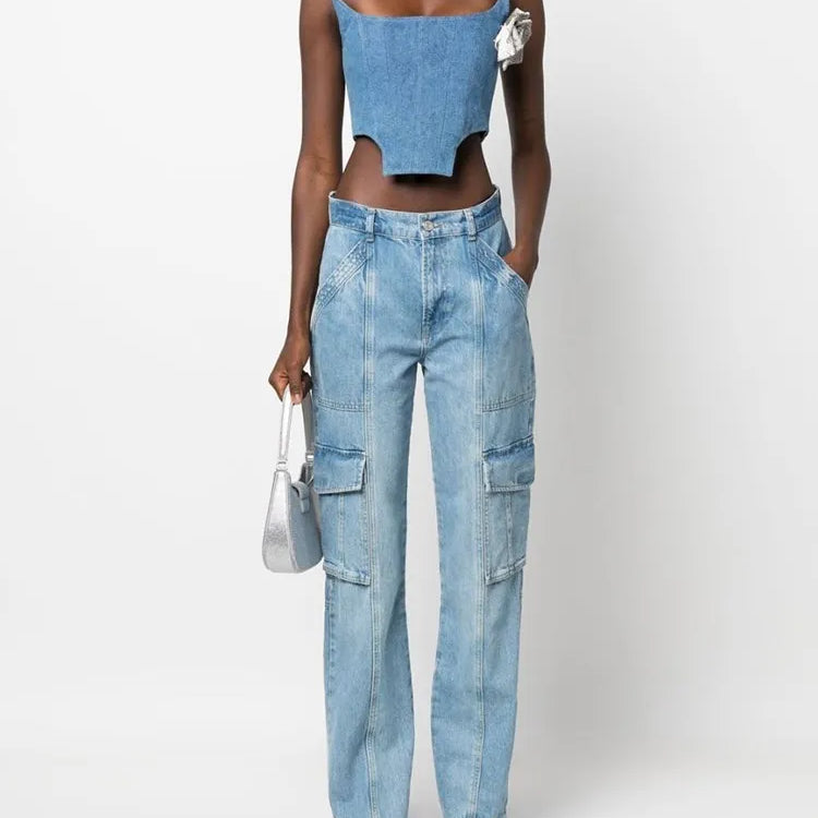 Denim Irregular Vests For Women Slash Neck Sleeveless Patchwork Appliques Slimming Vintage Vest Female Fashion 2023