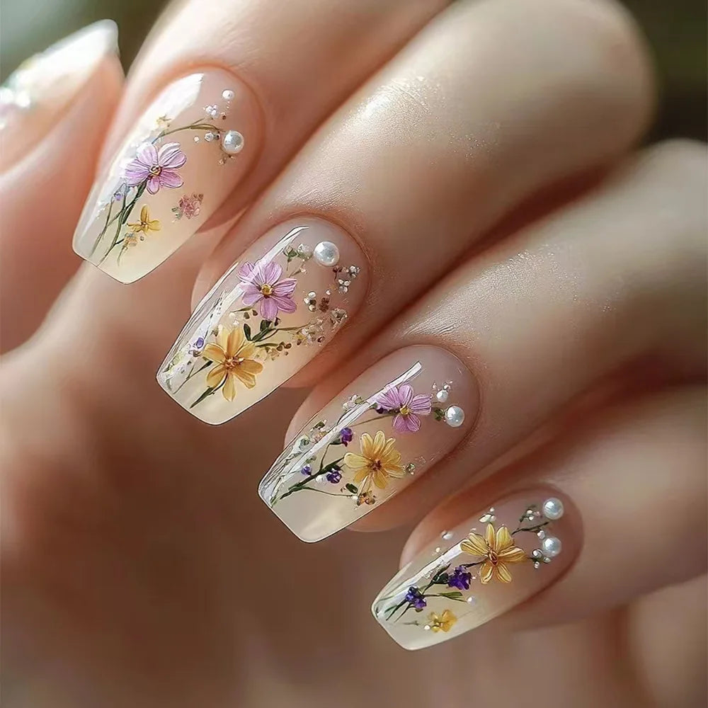 24pcs Flower Full Cover Nail with Pearl Design Mid-length Ballet False Nails Press on Square Fake Nail Tip Wearable Manicure Set