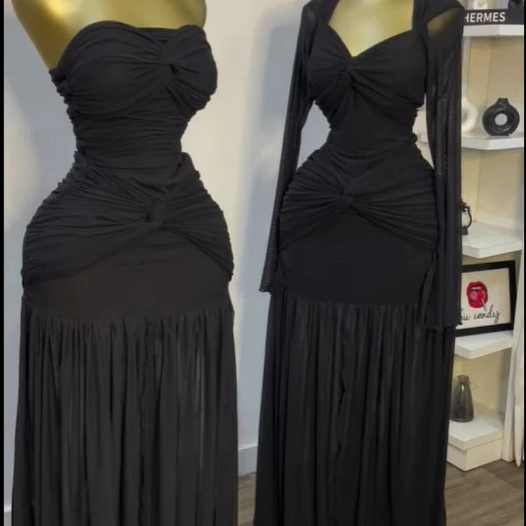 CM.YAYA Women Stacked Ruched Draped High Split Pleated Maxi Long Bodycon Dress 2025 Holiday Birthday Club Party Evening Dresses