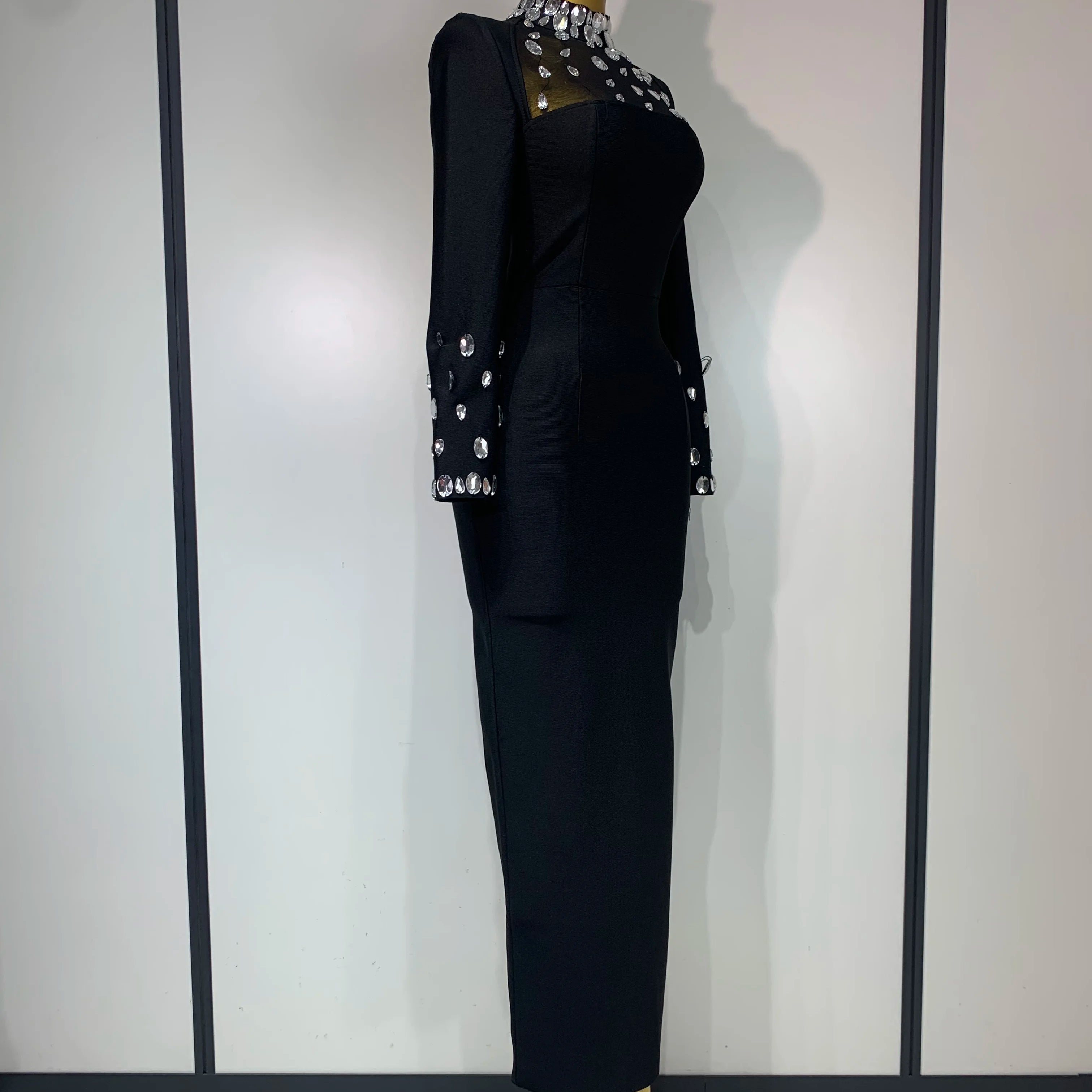 Luxury Birthday Dresses Sparkly Diamond Long Sleeve Black Bodycon Bandage Dress Women Wedding Evening Club Party Prom Gowns