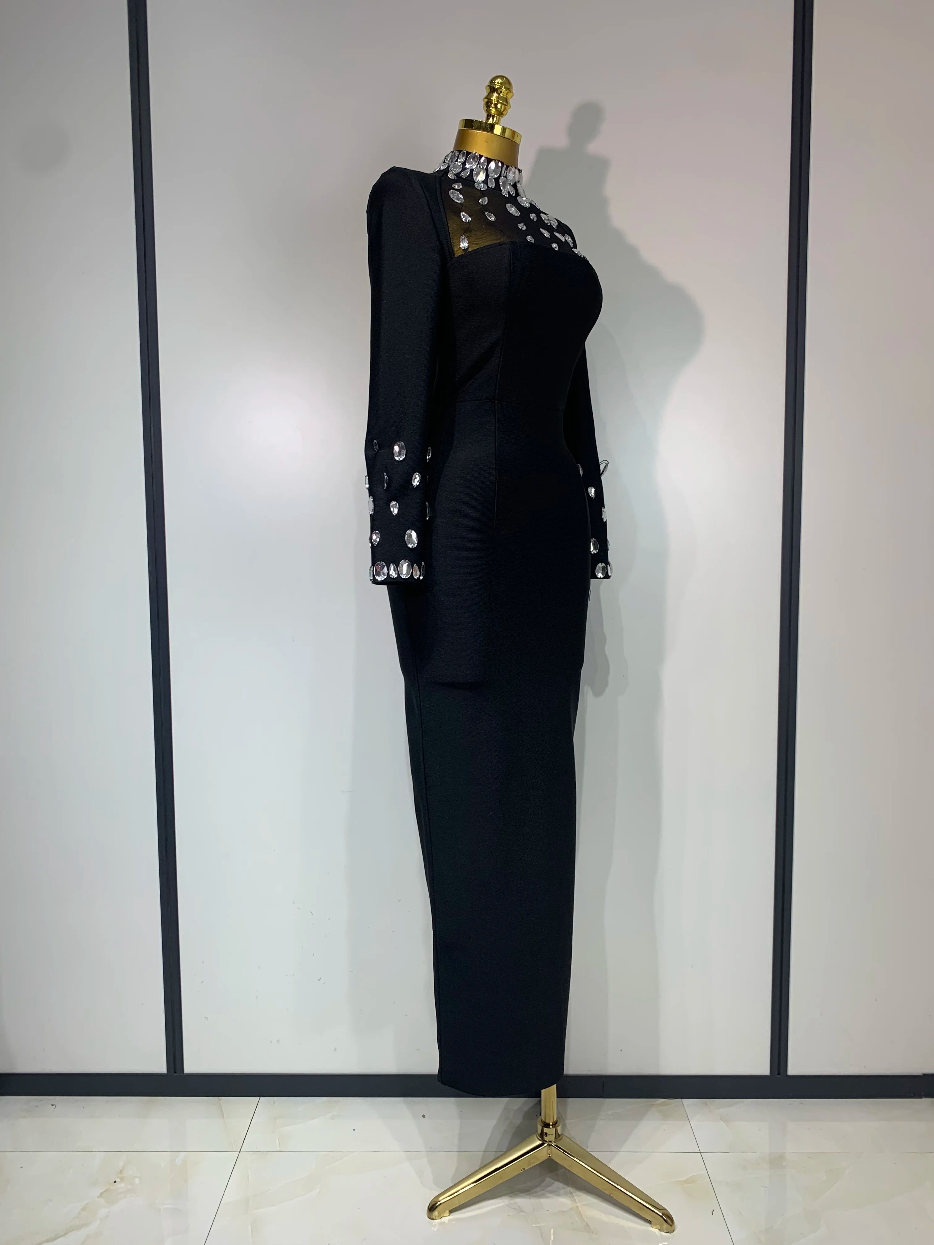 Luxury Birthday Dresses Sparkly Diamond Long Sleeve Black Bodycon Bandage Dress Women Wedding Evening Club Party Prom Gowns