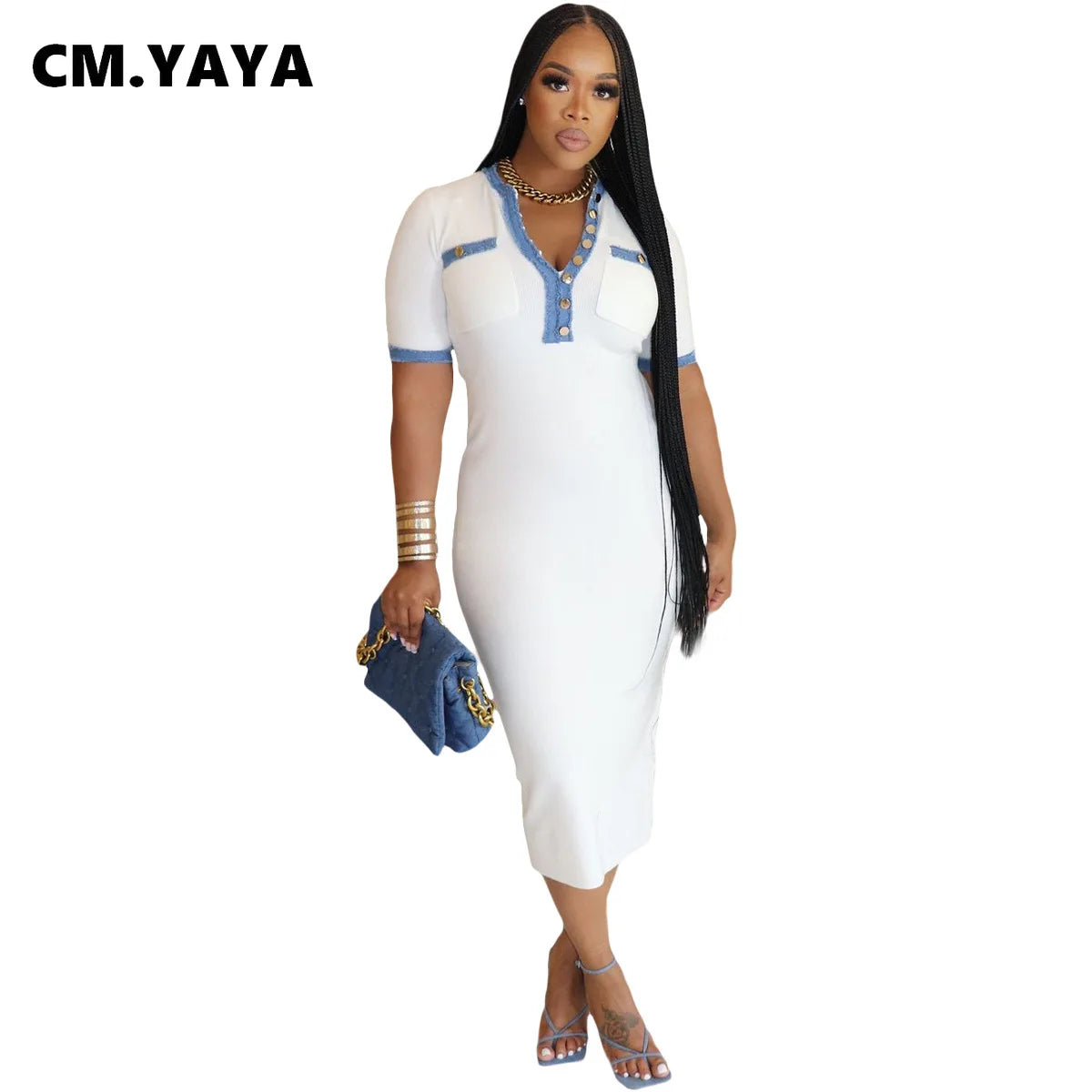 CM.YAYA Women Button Front Denim Splicing V-neck Short Sleeve Midi Dress 2024 Summer Sexy Club Street Party Dresses Vestidos