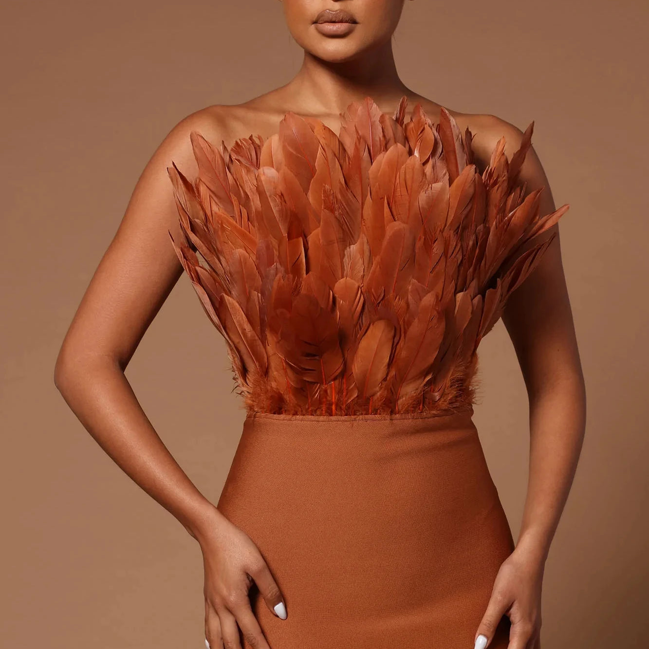 Arrival Brown Rosered Women Sexy Feathers Off the Shoulder Bodycon Mid-calf Dress Rayon Bandage Birthday Party Costume