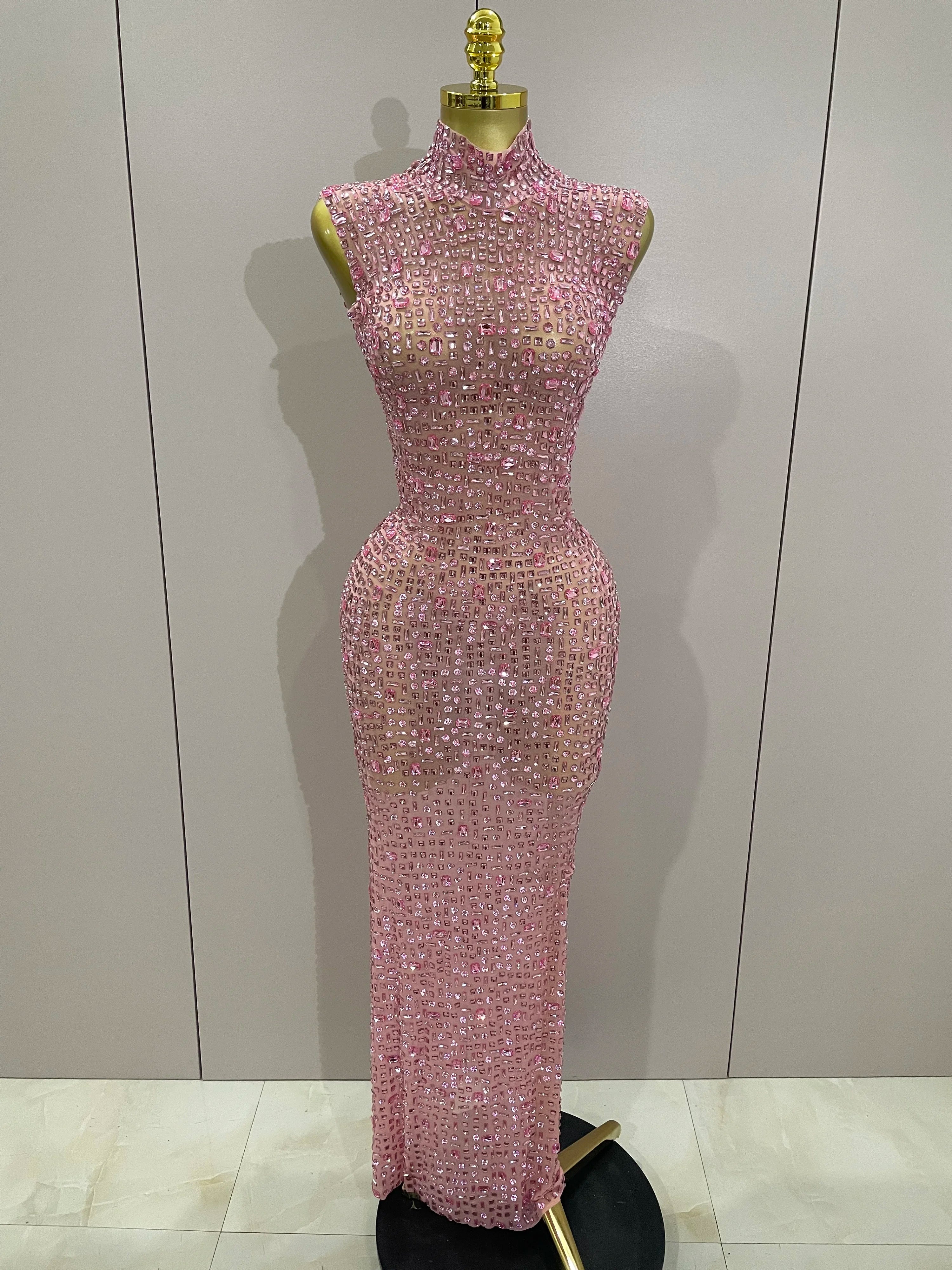 Sexy Sparkly Crystal Diamonds Mesh See Through Long Dress 2025 New Women Elegant Party Costume Singer Stage Performance Outfit