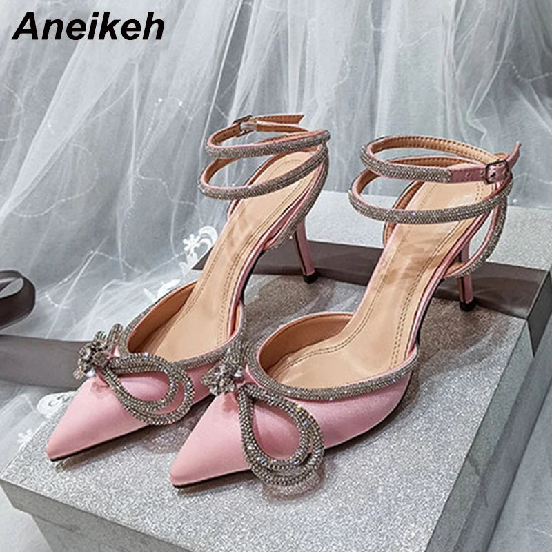 Women's Shoes Fashion Butterfly-Knot Narrow Band Bling Patchwork Cross-Tied Crystal Pointed Toe Pumps 9.5CM-Pink