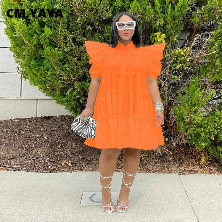 CM.YAYA Elegant Women Puff Short Sleeve Smock Dress  2022 Summer Chic Big Swing Loose Turn-down Neck Sundress Vestidos
