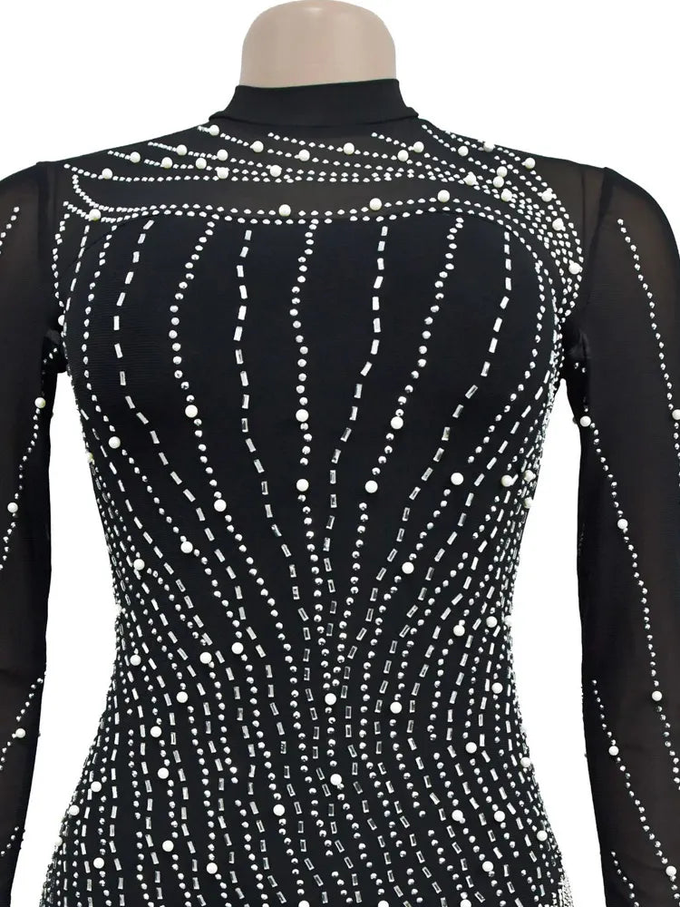 Beautiful Crystal Embellished Fringed Mini Dress Glam Womens Pearls Rhinestone Slim Short Party Dress Birthday Outfits