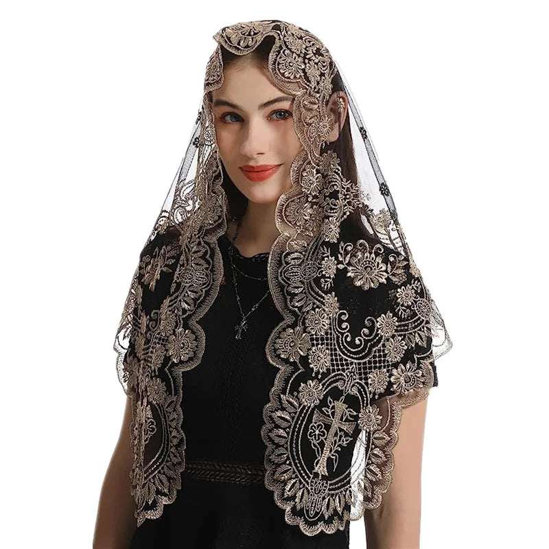 Women Head Covering Bridal Wedding Veil Lace Mantilla Cross Embroidery Church Catholic Veil