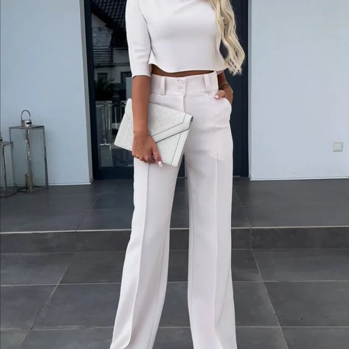 2024New Fashion Women's Elegant Small High Neck Casual Shorts Top Pocket Micro Horn Elegant Pants Set WHITE