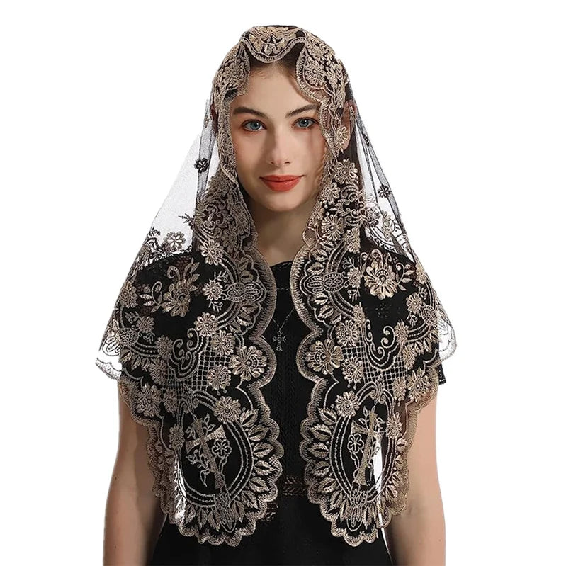 Women Head Covering Bridal Wedding Veil Lace Mantilla Cross Embroidery Church Catholic Veil