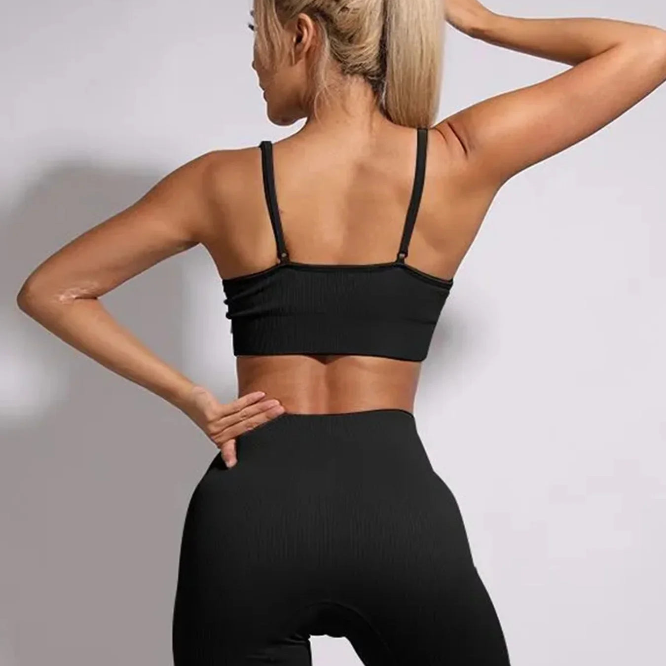 Seamless Ribbed Yoga Sets Workout Sets for Women 2 Pieces Gym Suits Ribbed Crop Tank High Waist Shorts Outfits Fitness Running Black