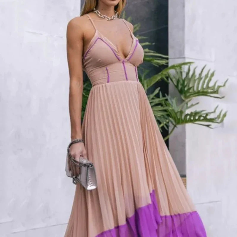 Ellafads Women Maxi Dress Summer Fashion V Neck Nipped Waist Slim Sleeveless Suspender Pleated Irregular Dresses High Streetwear
