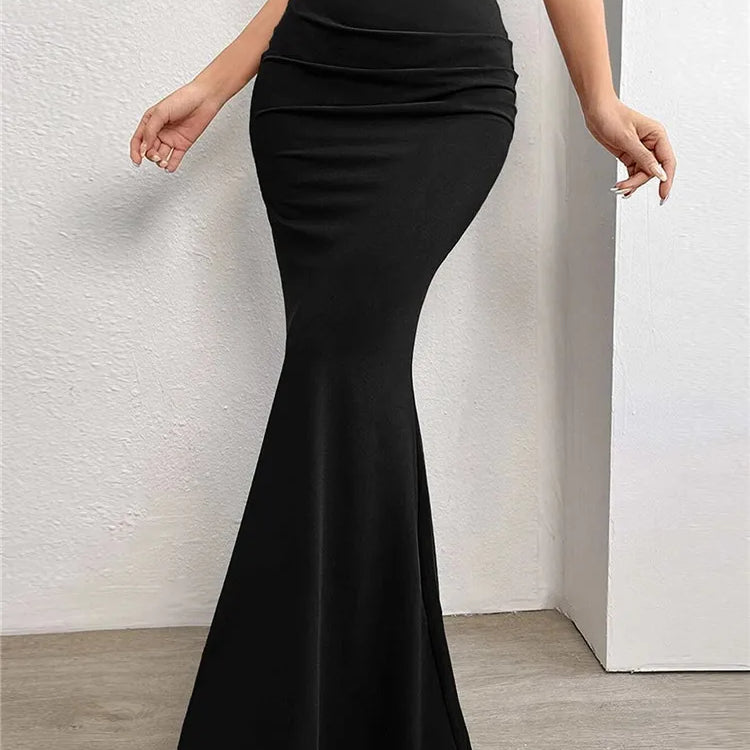 Solid Bodycon Ruched Long Skirt Women Sexy Black Elastic Elegant High Waist Mermaid Maxi Skirts Summer Streetwear black
