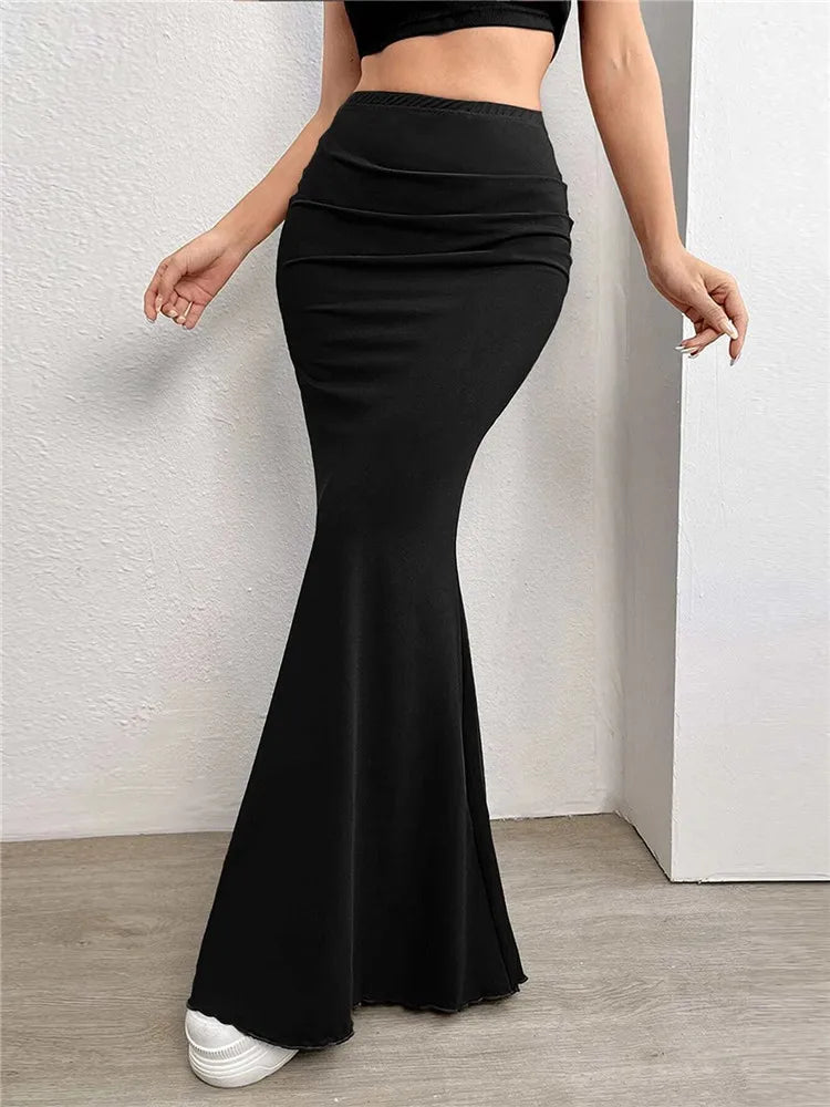 Solid Bodycon Ruched Long Skirt Women Sexy Black Elastic Elegant High Waist Mermaid Maxi Skirts Summer Streetwear black