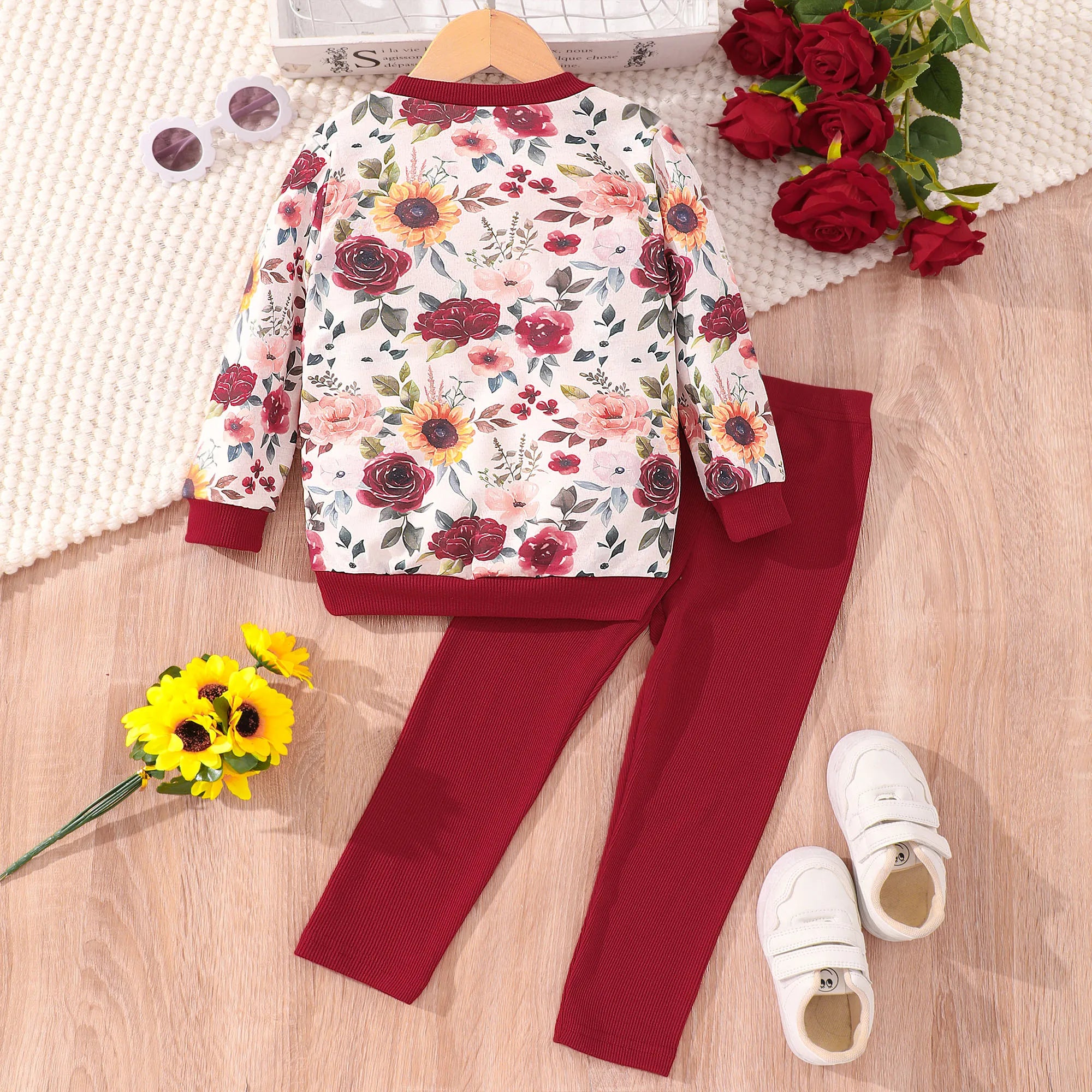 Children's Clothing Set 2-7 Y Autumn/Winter Fashion Flower Print Long Sleeve Top+Pants Two Piece Girls' Set