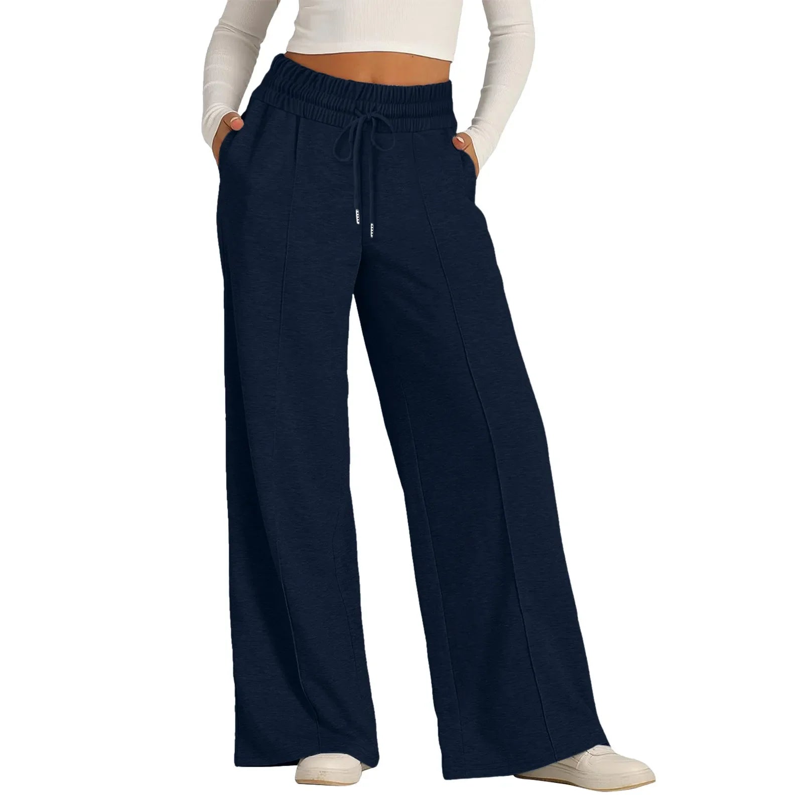 Women Oversized Wide Leg Pants Lightweight Sweatpants Elastic Drawstring Straight Leg Trousers High Waist Baggy Casual Pants Navy CN