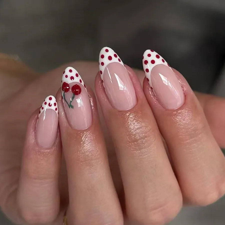 24Pcs Mid-length Stiletto Nails Set Press on French Wine Red Polka Dot False Nails 3D Cherry Reusable Full Cover Fake Nails Tips