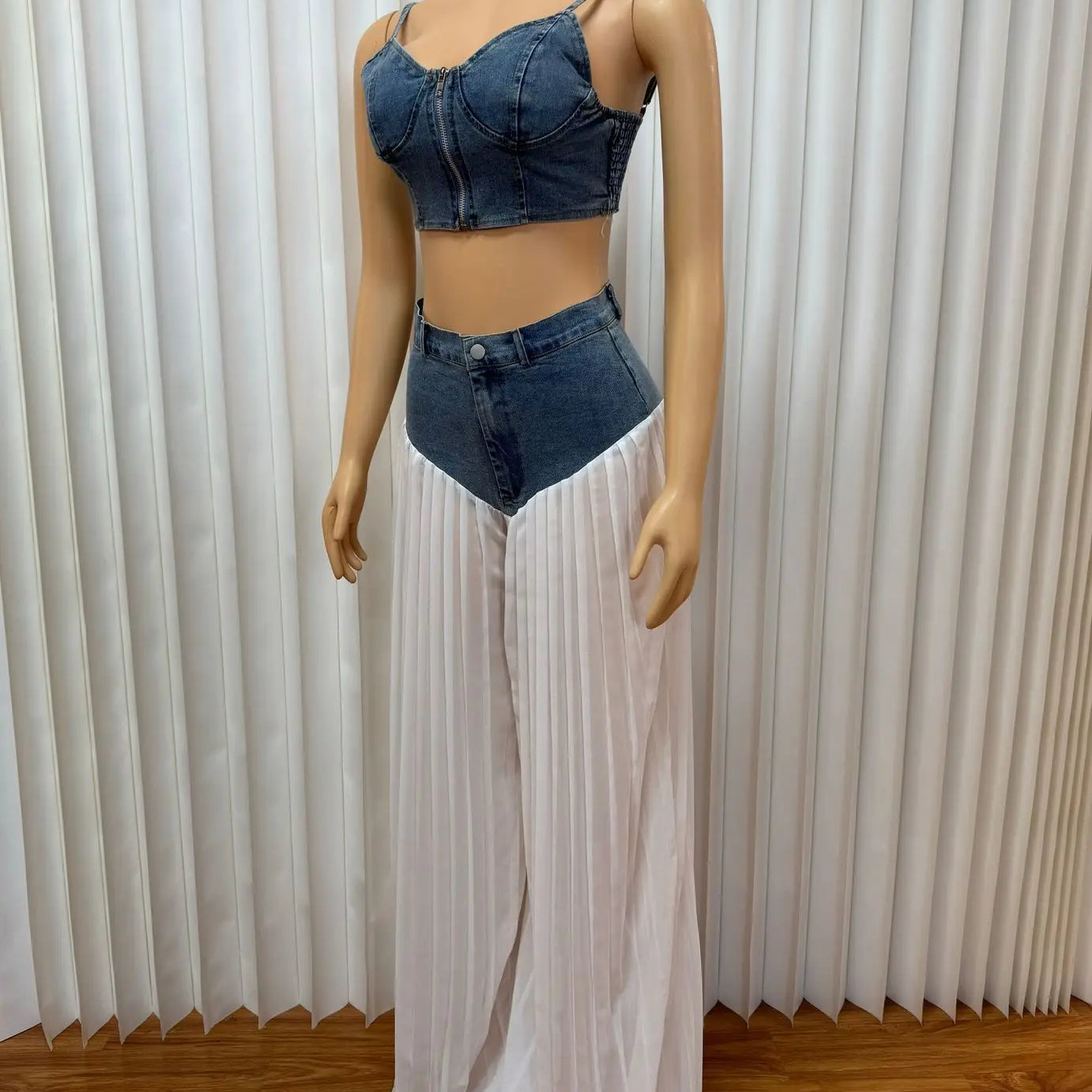 CM.YAYA Fashion Denim Chiffon Women's Set Strapless Crop Top and Jeans Pants Suits 2025 Sexy Party Club Two 2 Piece Set Outfits