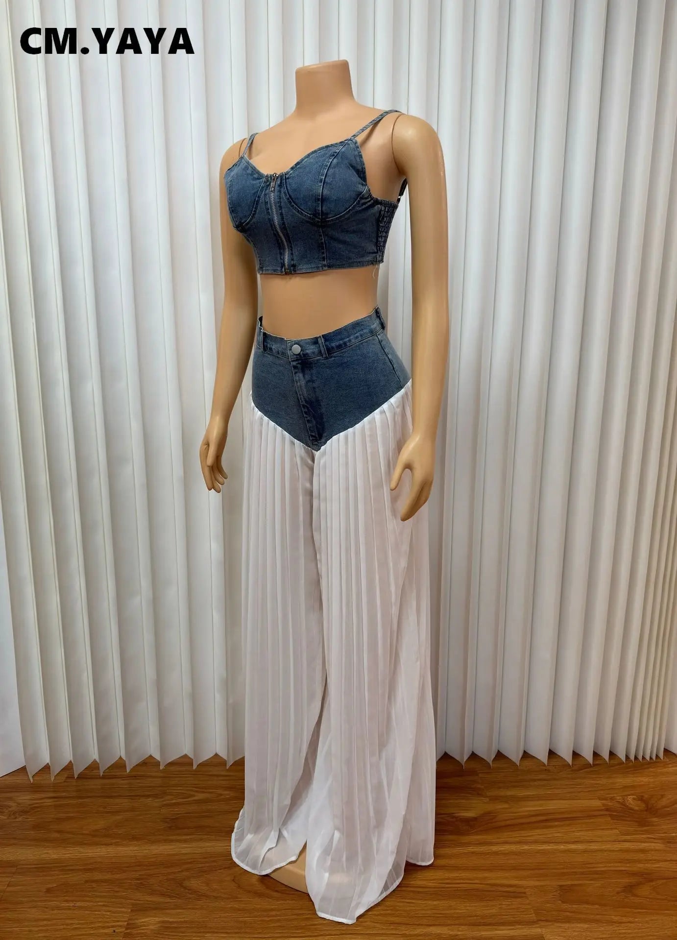 CM.YAYA Fashion Denim Chiffon Women's Set Strapless Crop Top and Jeans Pants Suits 2025 Sexy Party Club Two 2 Piece Set Outfits