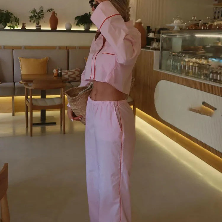 TRAFZA Woman New Fashion Suits Pink Turn-Down Collar Long Sleeves Single Breasted Short Shirts+Mid Waist Lace-Up Wide Leg Pants