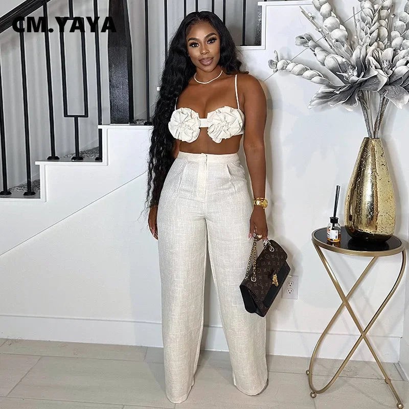 CM.YAYA Streetwear Women's Set Sleeveless 3D Flower Crop Bra Top+Wide Leg Pants Elegant beach holiday Two 2 Piece Set Outfits