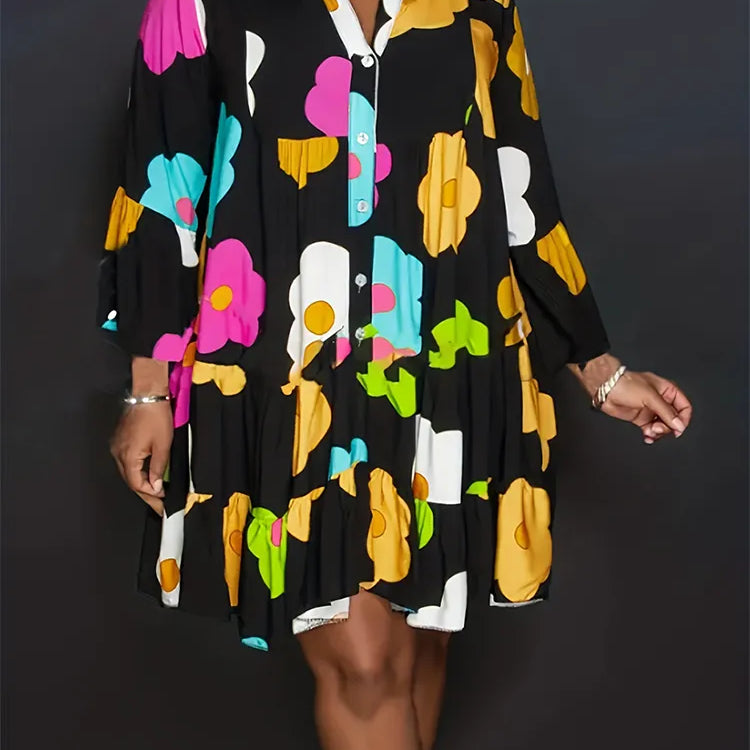 Plus Size Autumn New Floral Printed Women's Dresses,Casual Loose Button Fashion Streetwear Polyester V-Neck Pleated Dresses Black