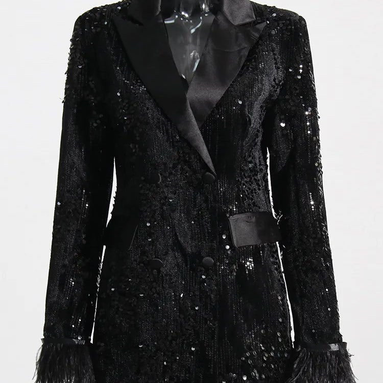 TWOTWINSTYLE Sequins Black Blazer For Women Notched Collar Long Sleeve Patchwork Feathers Cuff Solid Blazers Female Clothing New