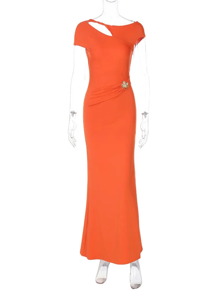 Hollow Out Backless Sexy Maxi Dress For Women Fashion Metal Buckle Solid Short Sleeve High Waist Slim Fit Long Dress