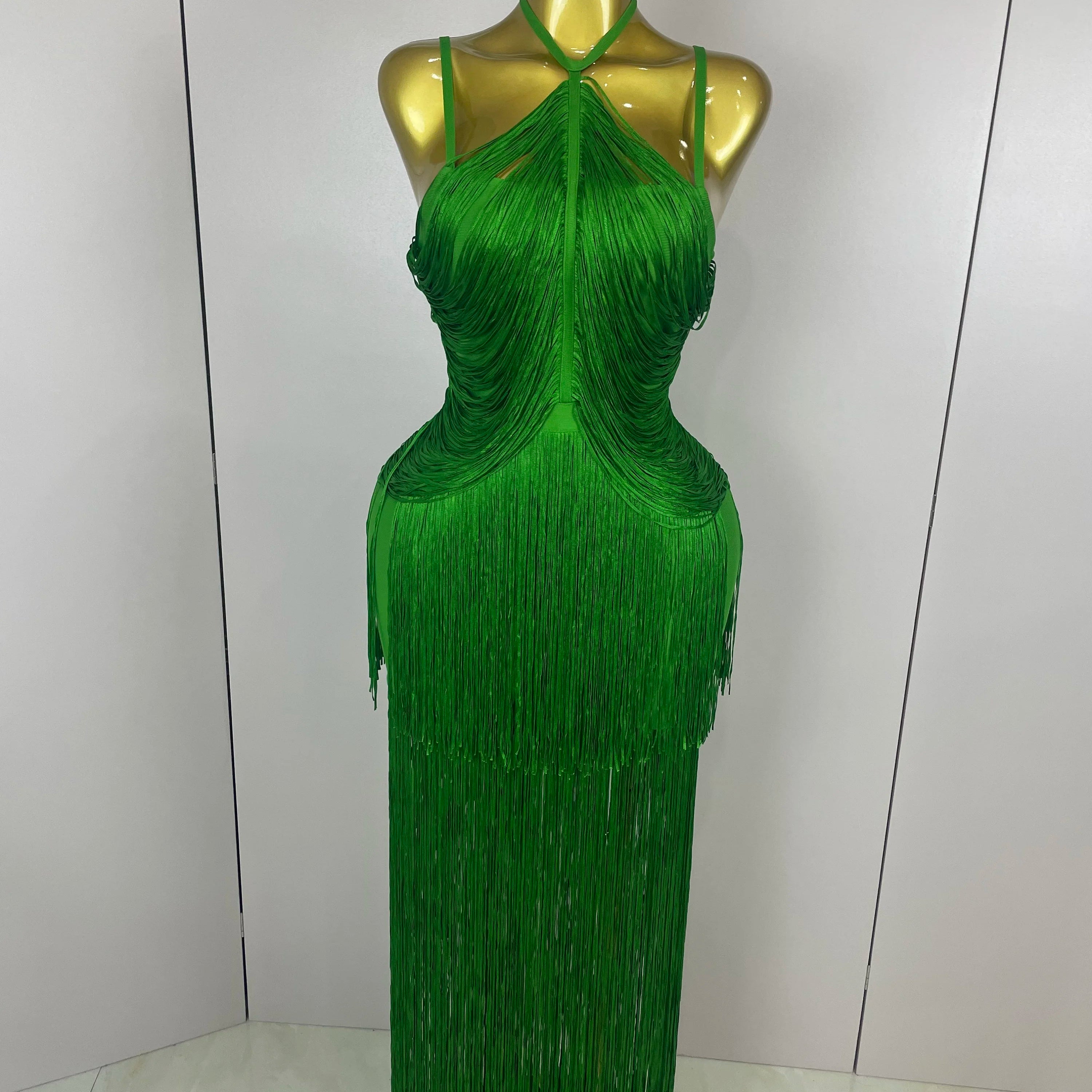 Sexy Backless Green Tassel Ankle Bodycon Bandage Dress 2025 Women Celebrity Elegant Evening Club Luxury Birthday Party Outfit