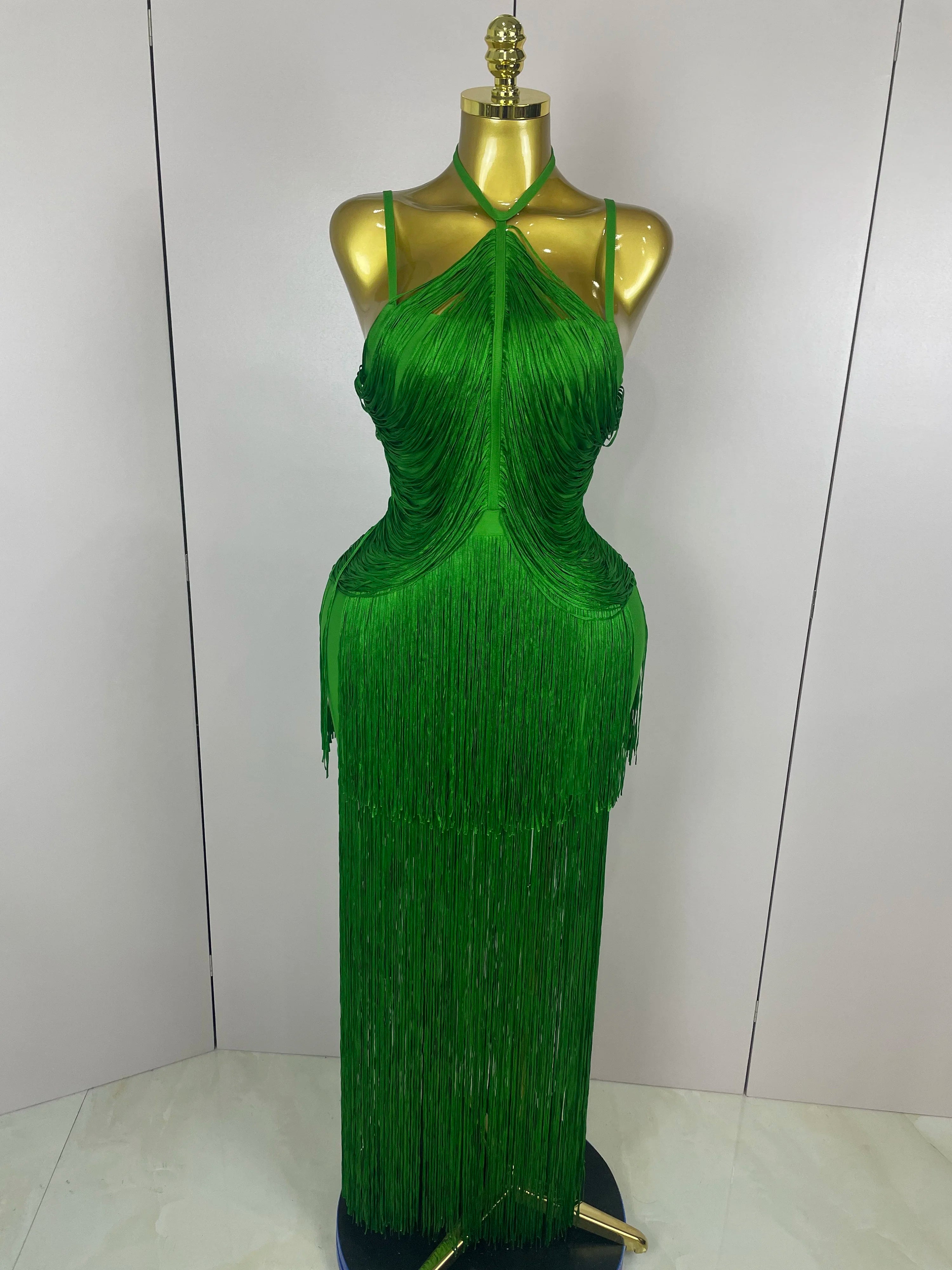 Sexy Backless Green Tassel Ankle Bodycon Bandage Dress 2025 Women Celebrity Elegant Evening Club Luxury Birthday Party Outfit
