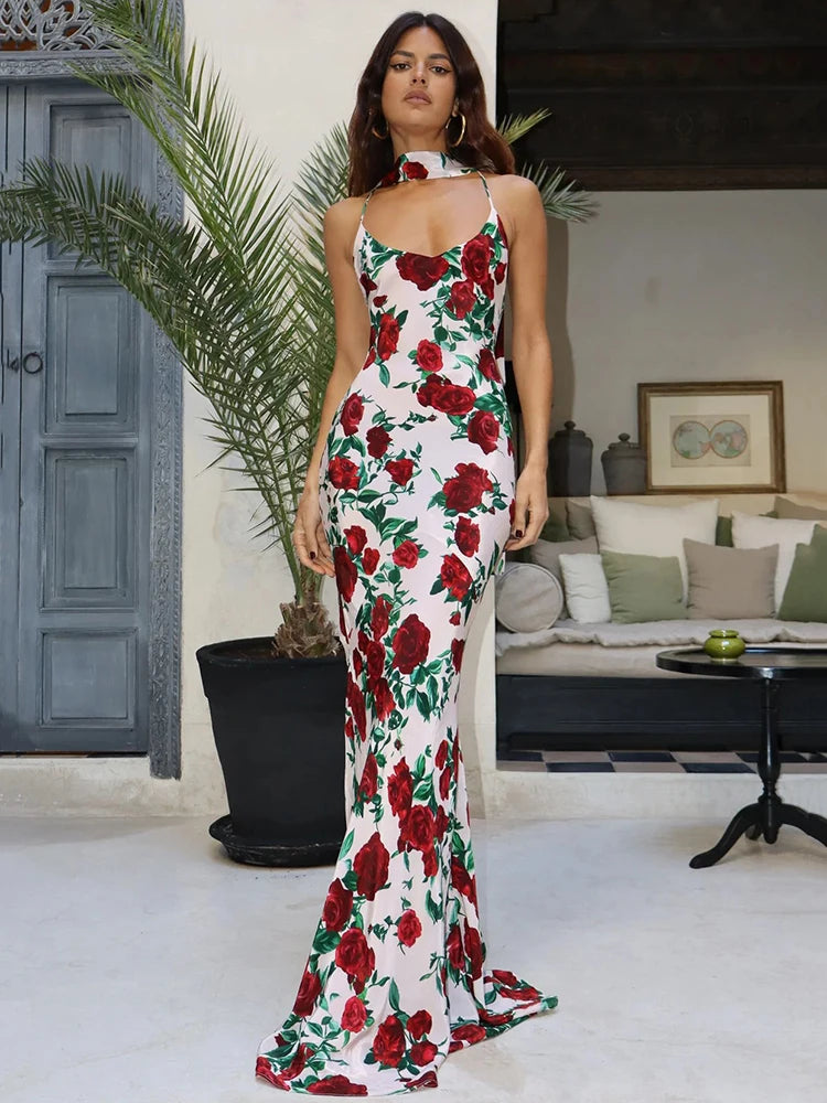 Halter Backless Print Sexy Maxi Dress For Women Gown Elegant Sleeveless High Waist Evening Club Party Long Dress