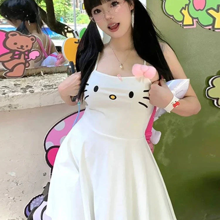 HOUZHOU Kawaii White Dress Women Japanese Y2k Cat Face Embroidery Cute Spaghetti Strap Mini Dress Bow Patchwork Anime Sundress