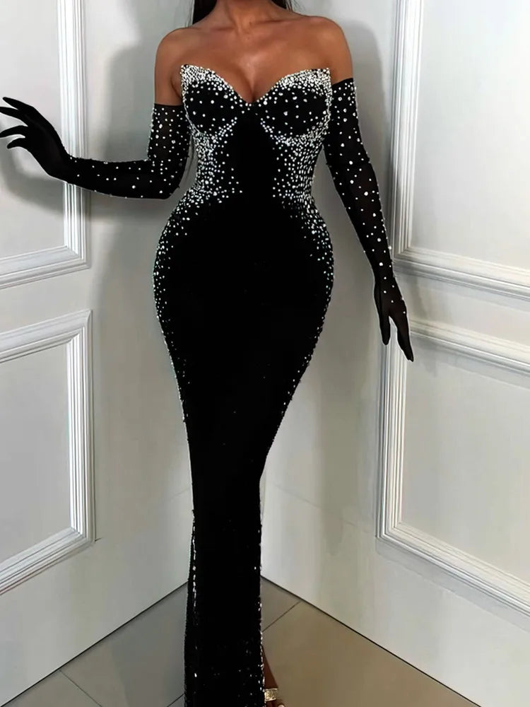 Sexy Strapless Backless Pearl Beading Black Long Bandage Women Celebrity Dress 2025 Elegant Party Evening Club Vestido Clothing