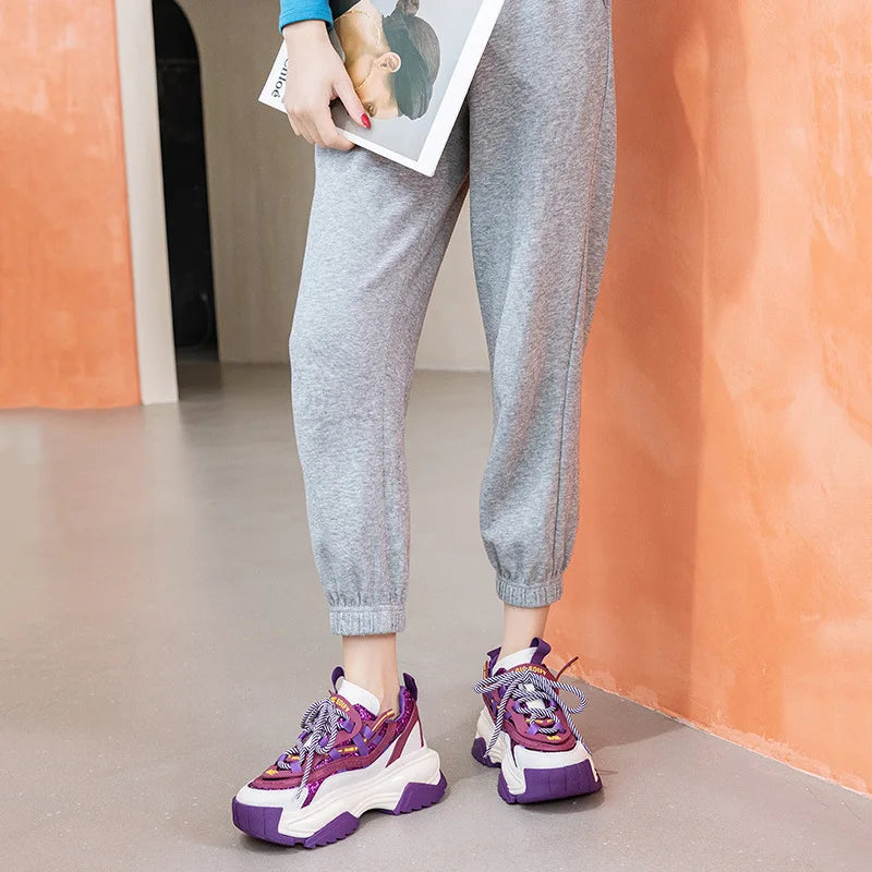 CXJYWMJL Genuine Leather Retro Sneakers for Women Thick Bottom Casual Vulcanized Shoes Ladies Autumn Breathable Chunky Sneakers