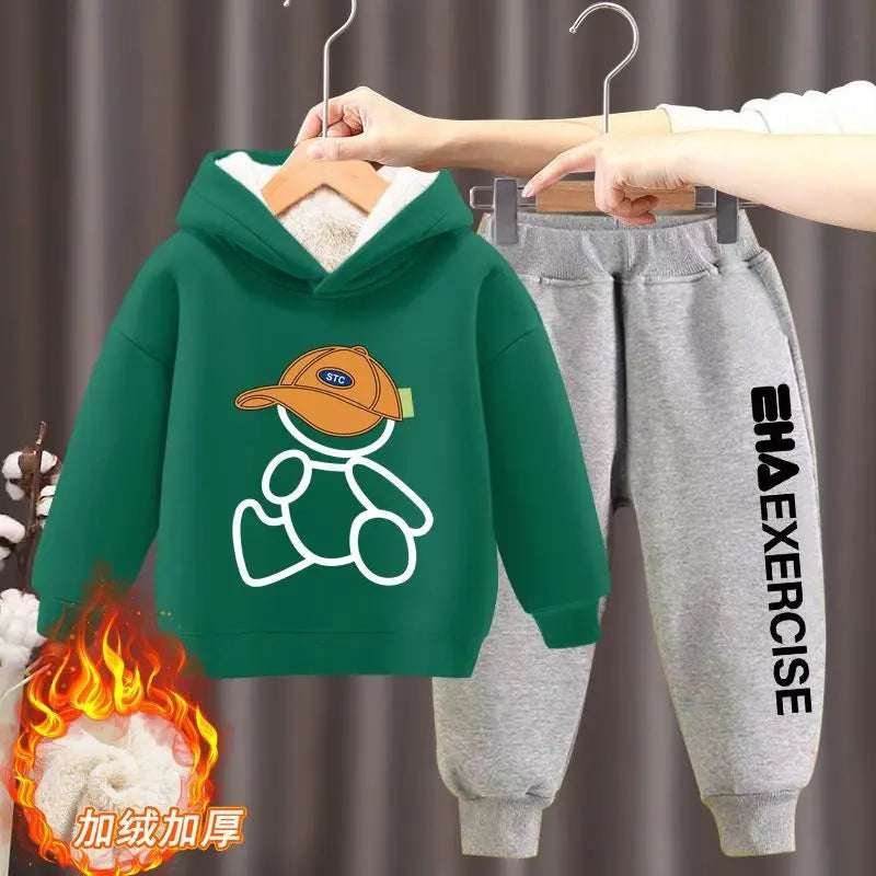 Boys Girls Clothes Hoodies Trousers Sets New Kids Cartoon Autumn Winter Long Sleeve Fleece Warm Sweatshirts Outfits 2Pcs 2-12Y 2pcs green B