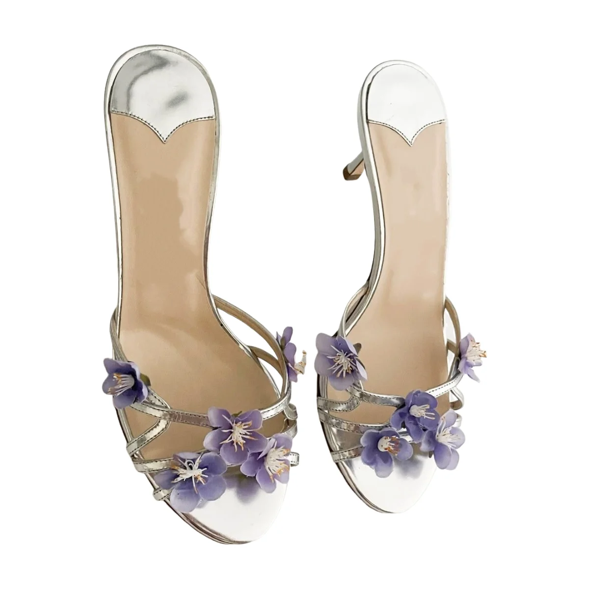 Silver Metallic Strappy Slippers Blossom Slip On Pull On Shoes Summer Women Flower Decor Heeled Sandals Classic Stiletto Shoes