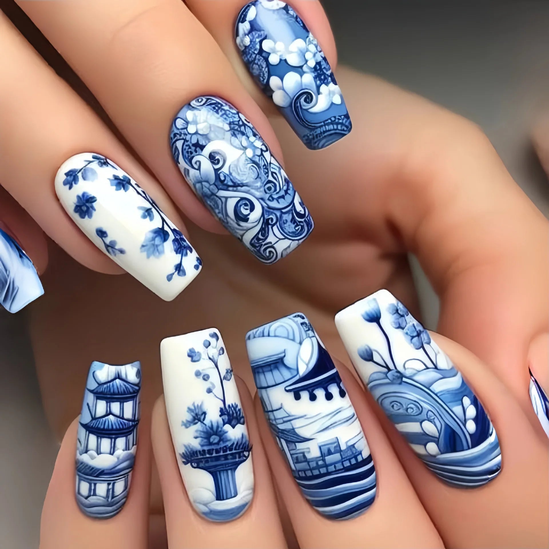Short middle square ballet fake nails sparkling plant flowers maple leaves gradient Peacock feathers press on false nails set
