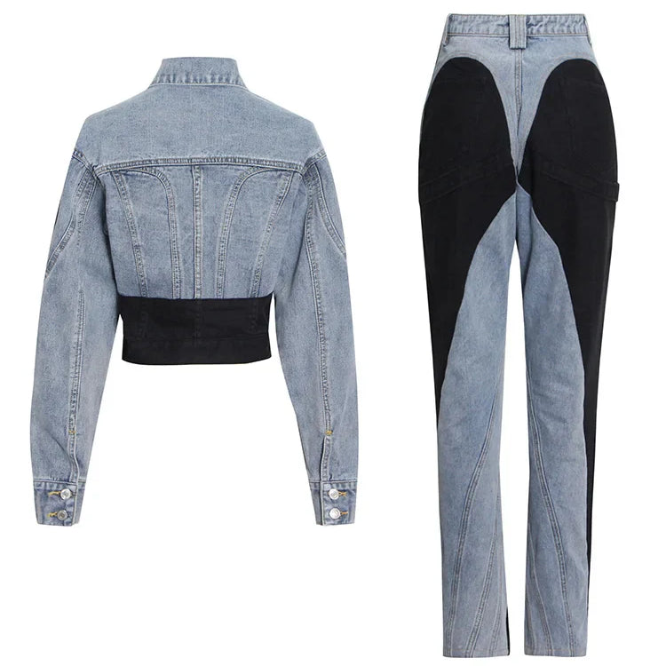 TWOTWINSTYLE Hit Color Patchwork Denim Two Piece Sets Women Long Sleeve Coat Jacket Female High Waist Pencil Pants Jeans 2022