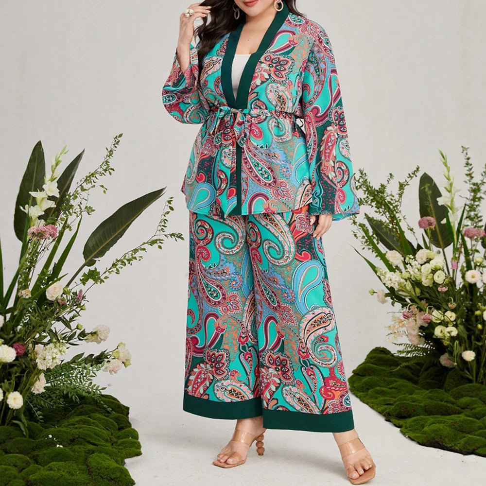 Plus Size Rafiah Women's Summer 2025 Sets Paisley Print Long Sleeve Top Wide Leg Pants Contrast Trim Retro Two Piece Sets