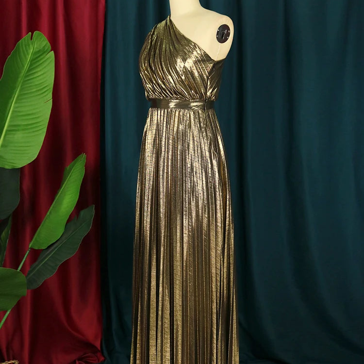 Elegant Women Even Dresses Luxury Maxi Long Metallic Pleated Dress One Shoulder Sleeveless Premium Shiny Shimmer Gowns Big Size