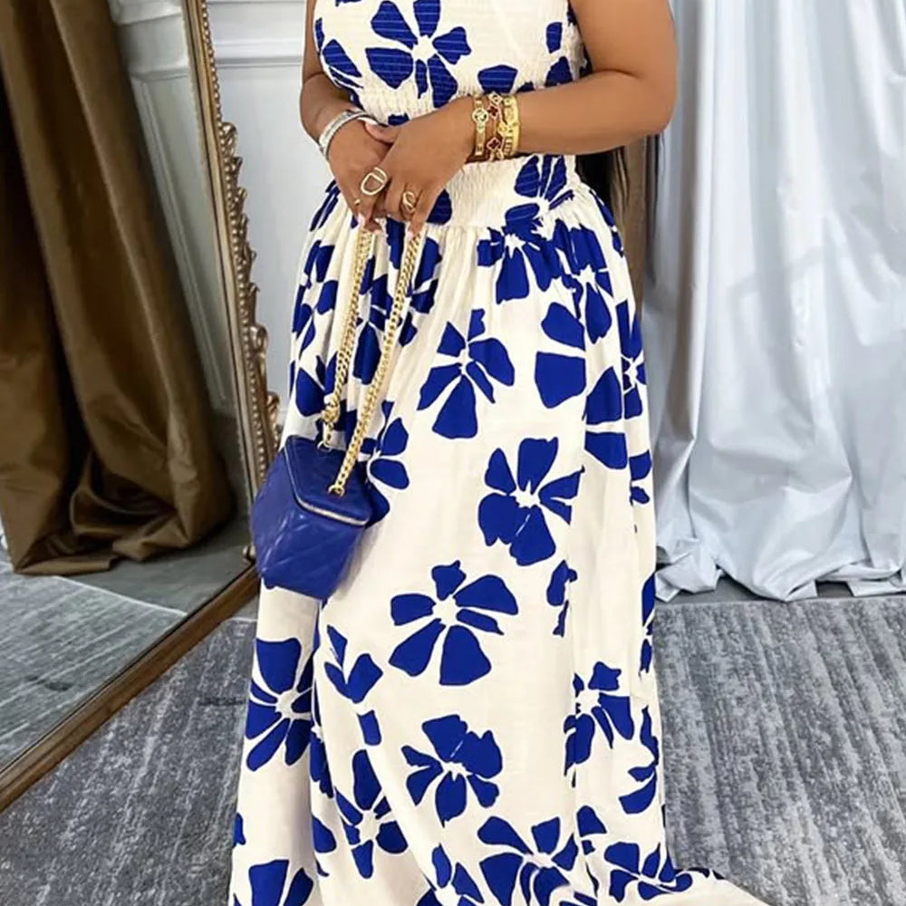 Plus Size Vacation Blue Graphic Pocket Smocking Two Piece Skirt Sets